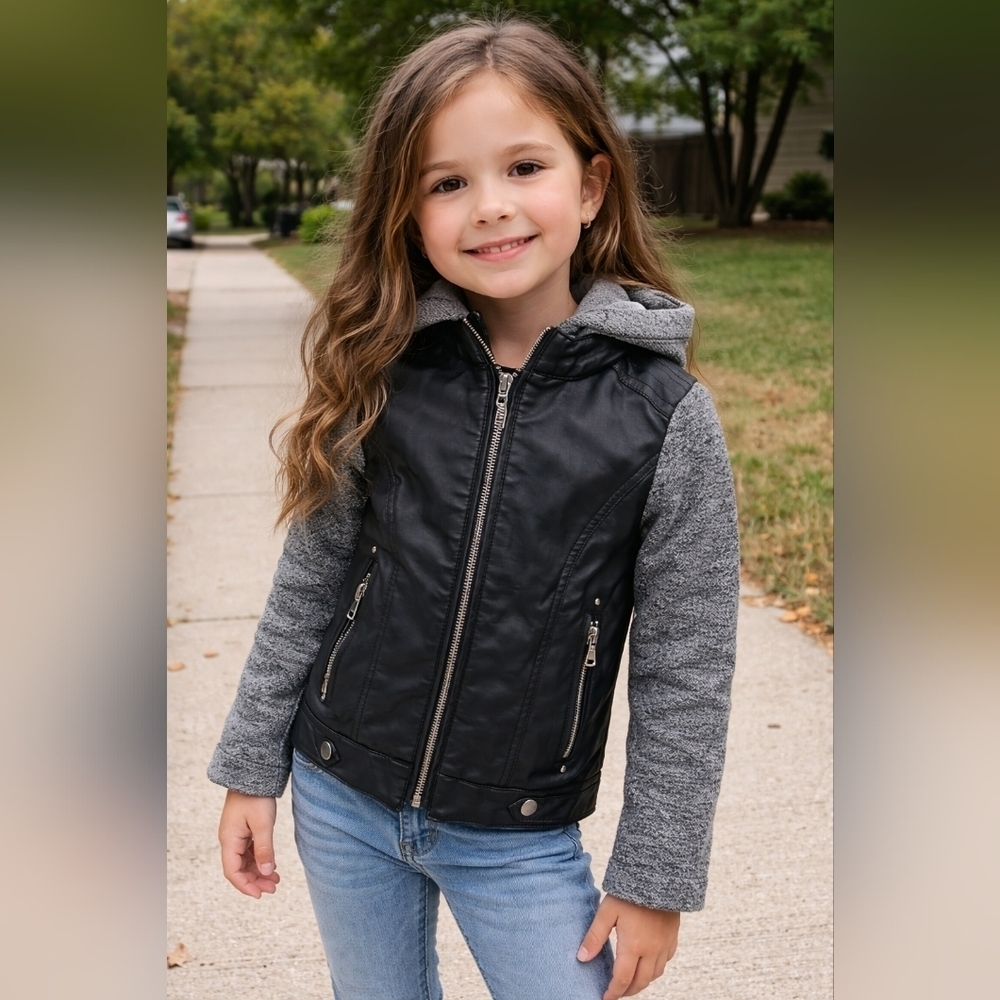 SO Girls Black Faux Leather Moto Jacket with Gray Knit Sleeves & Hood –Size 6/6x